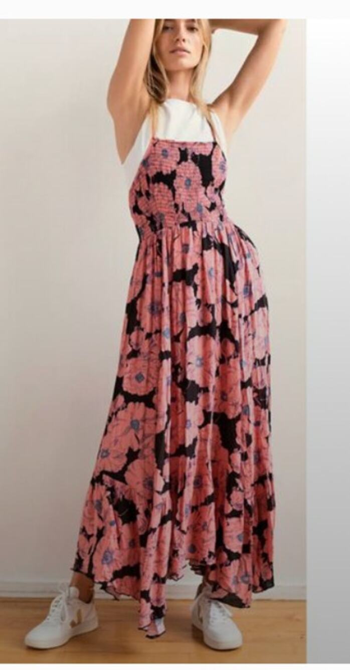 FREE PEOPLE Heatwave Printed Floral Pink and Black Ruched Maxi Dress Xsmall